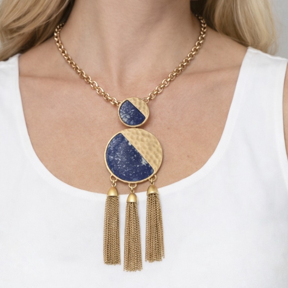 Boho Gold Tone Blue Stone Tassel Necklace (BR1212/2)